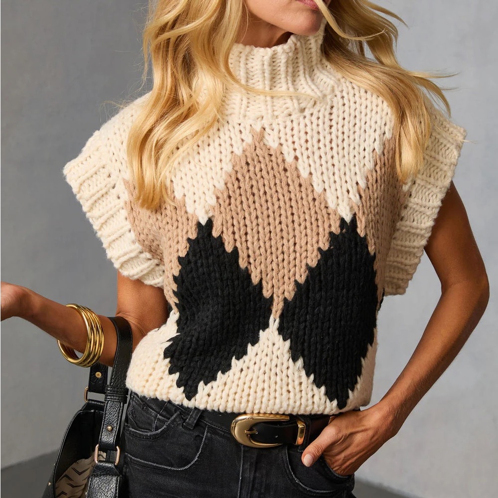 Vici Cowl Neck Argyle Sweater - Cream, Tan, Black